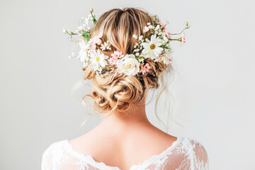 Back shot of a blonde haired woman with bridal hairstyle adorned with flowers. Isolated on gray background. Concept of weddings and hairstyles.