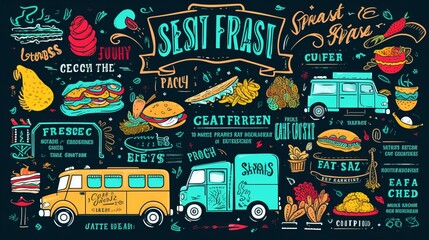Lively, colorful chalkboard illustration with street food festival theme and eye-catching typography