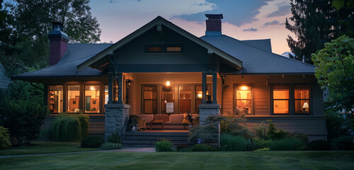 Dawn casting a soft glow on a sage Craftsman style house, suburban tranquility with the day's first...