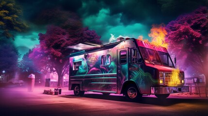 A captivating food truck under a neon glow, surrounded by a mysterious aura in a night setting, evoking a magical vibe