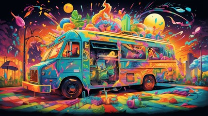 Colorful, vivid illustration of a food truck in a psychedelic style with surreal elements and...