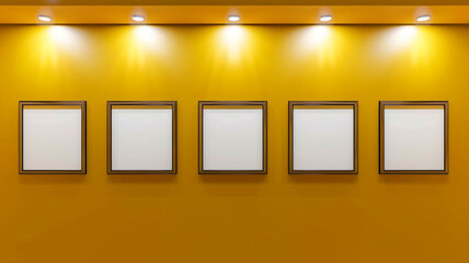 Five square mockup art frames on a mustard yellow wall, each illuminated from above. The warm hue of the wall 