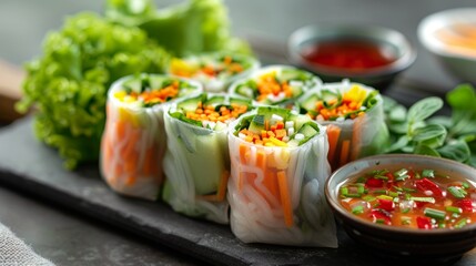 Healthy summer rolls with fresh veggies and tangy dip - obrazy, fototapety, plakaty