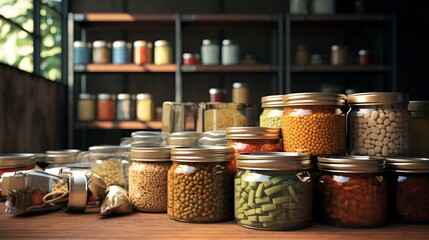 Neatly arranged pantry shelves with an array of labeled jars filled with food preserves