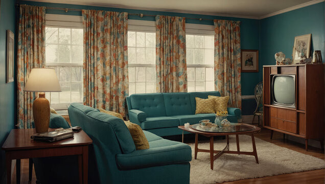 vintage American living room in the 60s style in pastel colors with television and sofa