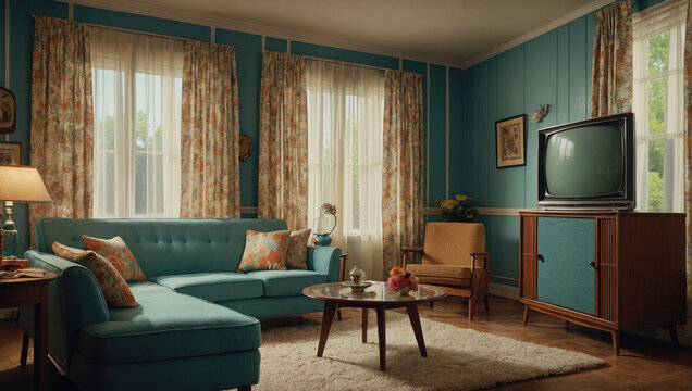 vintage American living room in the 60s style in pastel colors with television and sofa