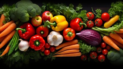 An array of colorful vegetables on a dark surface showcasing the beauty of fresh produce and healthy foods
