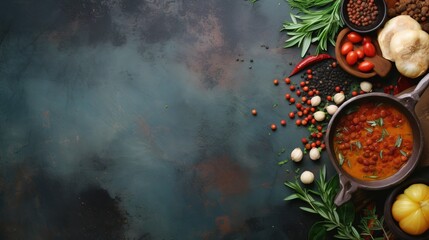 A variety of fresh vegetables, herbs, and spices are displayed on a rustic, dark textured background, suggesting healthy cooking