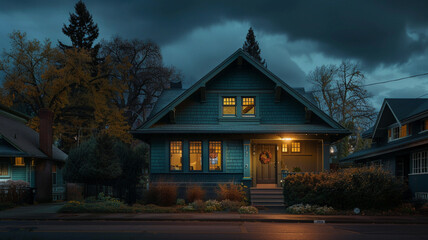 Nightfall in the suburbs, a deep teal Craftsman style house stands out against the quiet, darkened street, lit by the soft lunar glow, silent and restful - obrazy, fototapety, plakaty