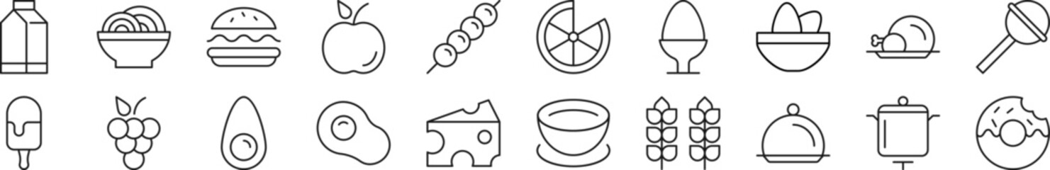 Collection of thin line icons of food. Editable stroke. Simple linear illustration for web sites, newspapers, articles book