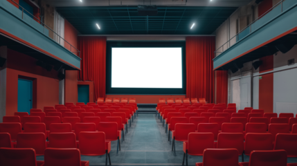 Empty cinema hall with red chairs and transparent white screen