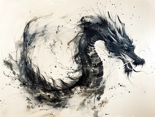 Illustration of Chinese brush painting of a dragon. Black ink lines drawn by master artist. It is a line that has weight, heaviness and lightness in art. Suitable for applying and decorating anywhere.