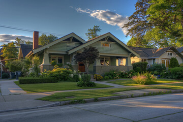 Fototapeta na wymiar The stark clarity of noon over a sea green Craftsman style house, suburban streets bustling under the summer sun, vibrant and lively