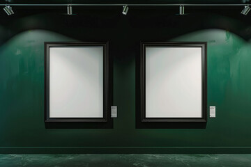Two large, elegant mockup art frames hanging on a deep forest green wall in a minimalist museum space. The frames are lit by overhead track lighting, highlighting their contents against the rich, 