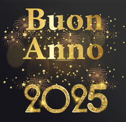 biglietto o striscione per augurare un felice anno nuovo 2025 in oro su uno sfondo nero sfumato con stelle e fuochi d'artificio dorati