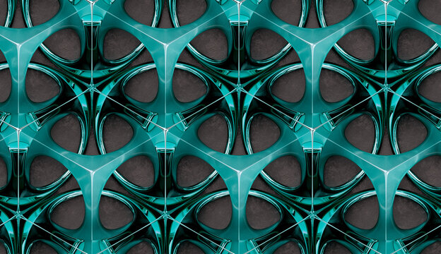 3D Wallpaper futuristic blue green chrome metal grid on gray stucco background