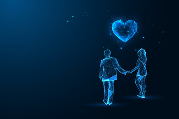 Love, romantic relationshios futuristic concept with couple holding hands and looking at heart - obrazy, fototapety, plakaty
