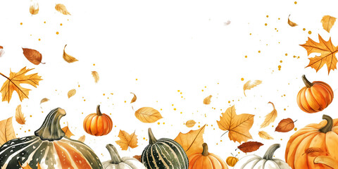 Watercolour autumn leaves and pumpkins on a transparent background
