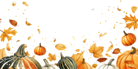 Watercolour autumn leaves and pumpkins on a transparent background