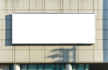 Big blank billboard on city building wall, banner with empty space