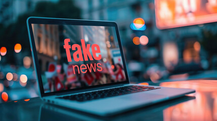 A laptop computer sitting on top of a table. Words Fake News on a screen.