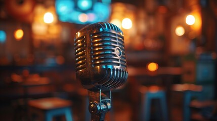 Retro microphone gleaming under a spotlight on stage