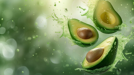 Fresh avocado cut into slices with water drops splash flying in the air, lens Blur, Generative AI