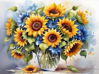 Bright watercolor sunflower bouquet painted
