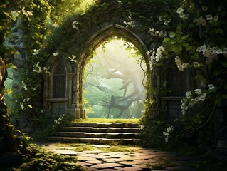 Beautiful fantasy landscape with green forest and door. 3d rendering