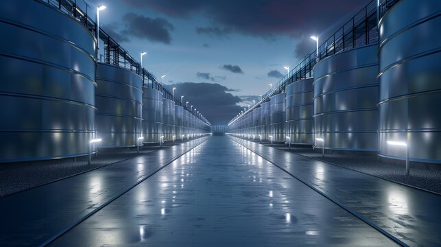 Illuminated storage tanks in the night