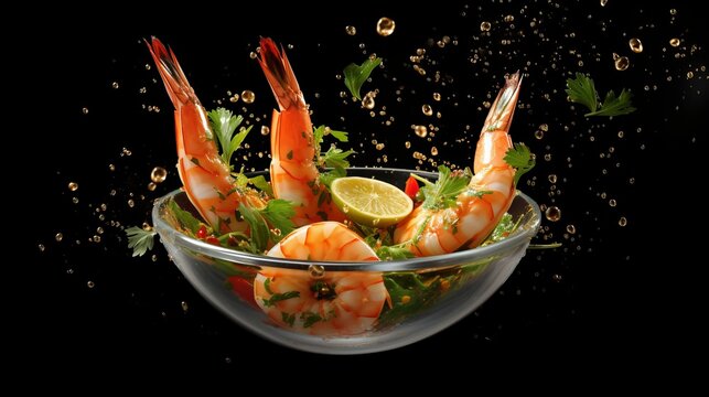 This exquisite image captures succulent prawns with a lemon twist, surrounded by vibrant greens in a clear glass bowl