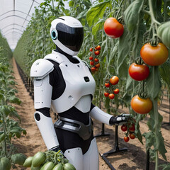 A robot harvests tomatoes in a field. A humanoid machine helps in gardening. Alleviation of hard work, automation of agriculture.