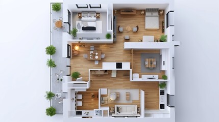 A well-organized minimalist apartment interior with clear delineations of living, dining, kitchen, and sleeping areas - obrazy, fototapety, plakaty