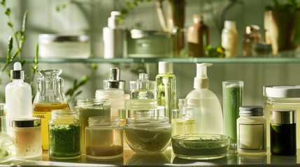A skincare background with a variety of masks, exfoliants, and toners displayed in glass jars and bottles