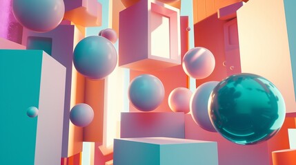 Striking image of 3D rendered shapes with smooth surfaces and reflections in a vibrant color palette