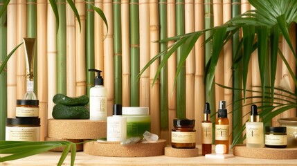 A skincare shelfie with eco-friendly and sustainable products displayed against a backdrop of...
