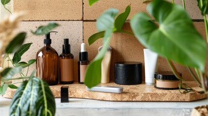 A skincare shelfie with eco-friendly and sustainable products displayed against a backdrop of bamboo or cork,