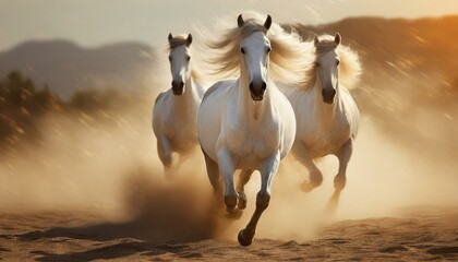 Two white horse with long mane run in sandy dust