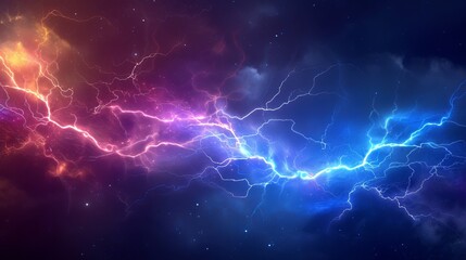 A stunning mix of blue and purple lightning bolts igniting the night sky in an electric storm spectacle - obrazy, fototapety, plakaty