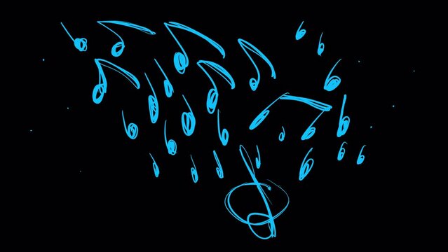 Blue sketch Musical notes grow on a black screen. The concept of creating a song, whistling a melody, rhythm. Stock animation of Musical notes and treble clef.