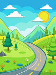 Roads vector landscape background featuring a winding road leading through rolling hills and lush vegetation.