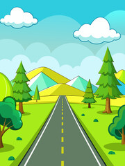 A winding road leads through a serene countryside landscape with rolling hills and a distant horizon.