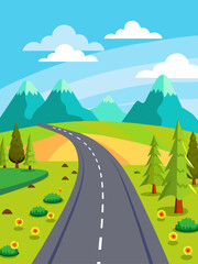 Road vector landscape background showing a winding road amidst a serene natural setting with lush greenery, towering mountains, and a clear blue sky.