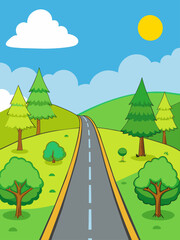 Road vector landscape background showing a winding road amidst a serene natural setting with lush greenery, towering mountains, and a clear blue sky.