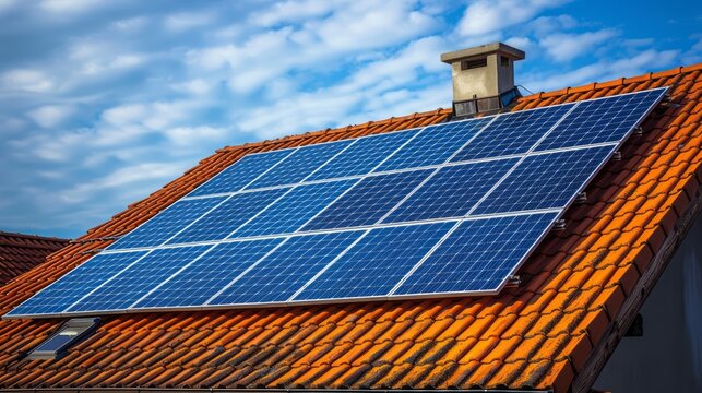 Solar panels on a house roof against blue sky.