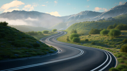 A winding road stretching ahead, flanked by verdant trees and hills, under the clear blue sky. - Ai generated