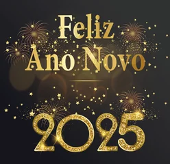 Foto op Plexiglas cartão ou banner para desejar um feliz ano novo 2025 em ouro sobre um fundo gradiente preto com estrelas e fogos de artifício dourados © emmanuel