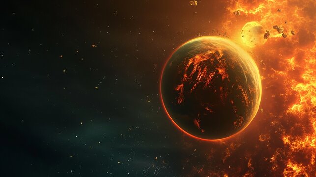 The image depicts Earth glowing with fires, while an asteroid impact nearby suggests a perilous cosmic event