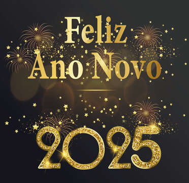 cartão ou banner para desejar um feliz ano novo 2025 em ouro sobre um fundo gradiente preto com estrelas e fogos de artifício dourados