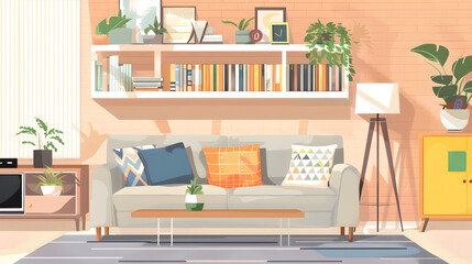 Modern cozy living room, interior background, house wallpaper